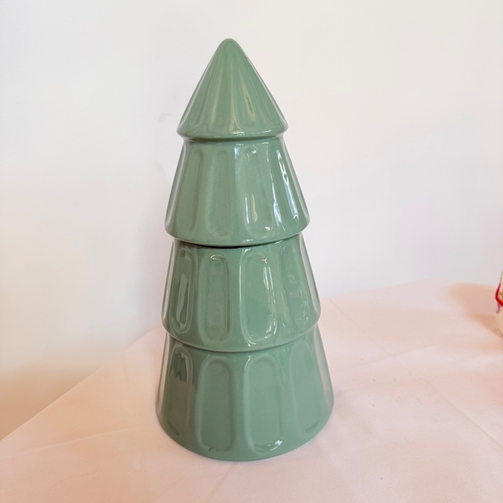 DesignPac Sage Green Ceramic Christmas Tree Cookie Jar Canister Holiday Decor